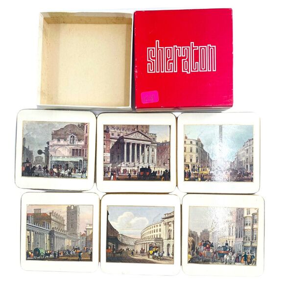 Vintage Sharaton LONDON 19TH Century Historic Architecture 6 Coaster Set - Picture 4 of 9